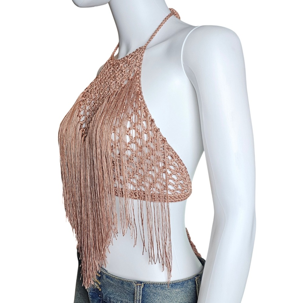 Handmade Crochet Fringe Halter Top, Boho Festival Top, Summer Fashion - Picture 8 of 11